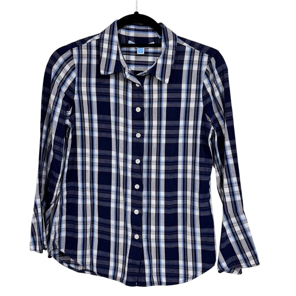 Draper James Long Sleeve Button Up Plaid Navy Blue White Womens 6